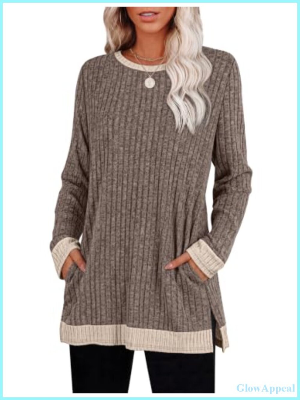 Women's Long Sleeve Tunic Sweater with Pockets Crewneck Oversized Knit Top